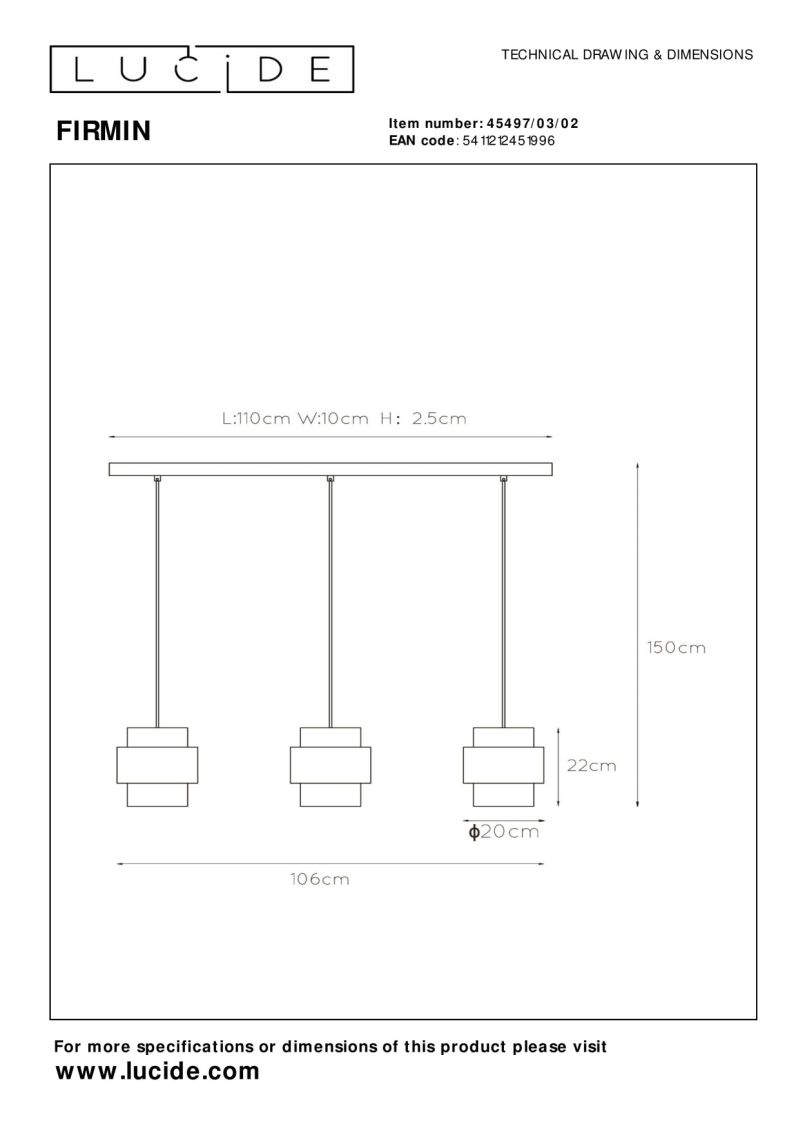 Lucide FIRMIN - Závesné svietidlo - 3xE27 - Matt Gold / Mosadz